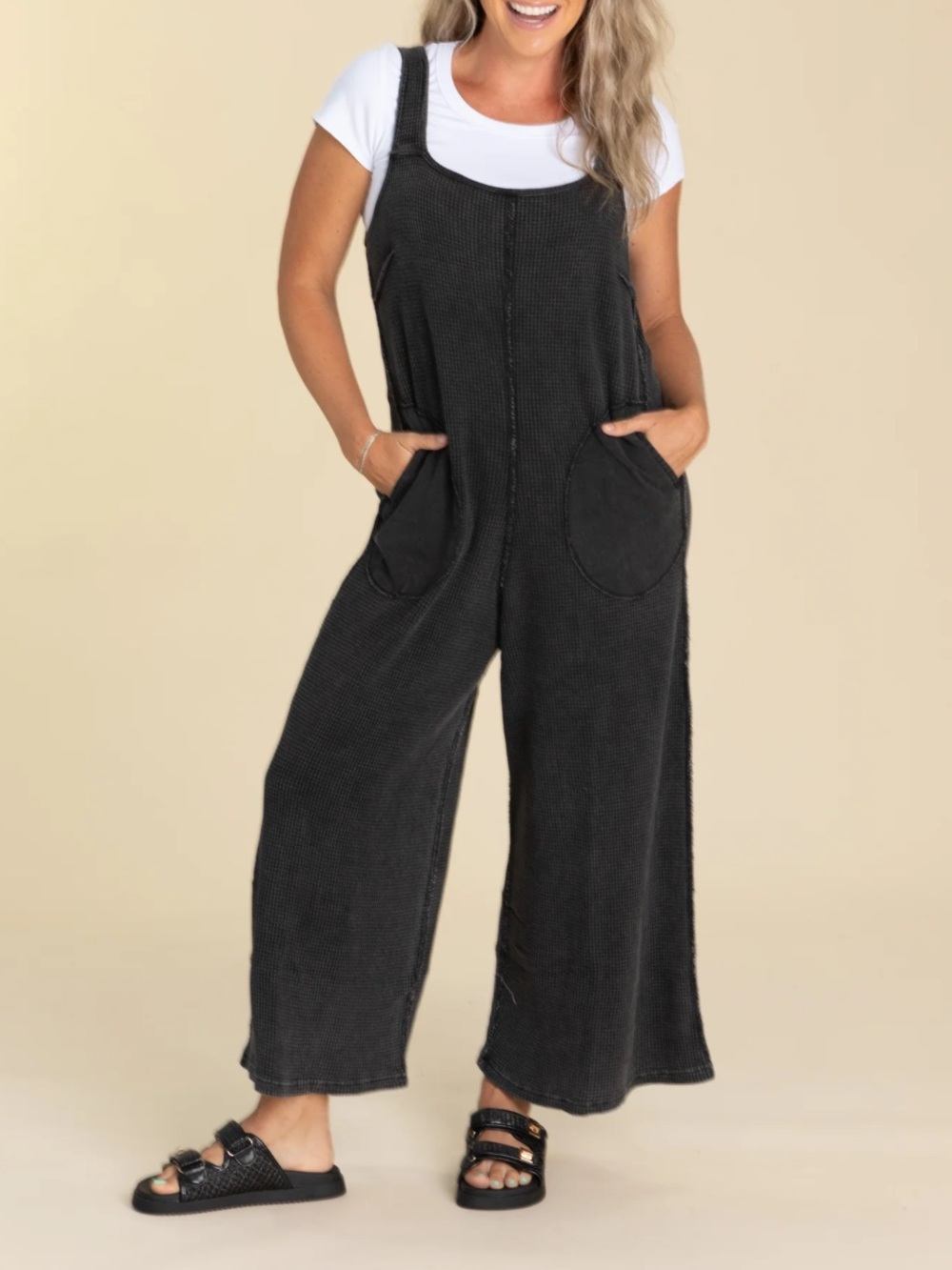 So Me Black Waffle Knit Wide Leg Jumpsuit NWT